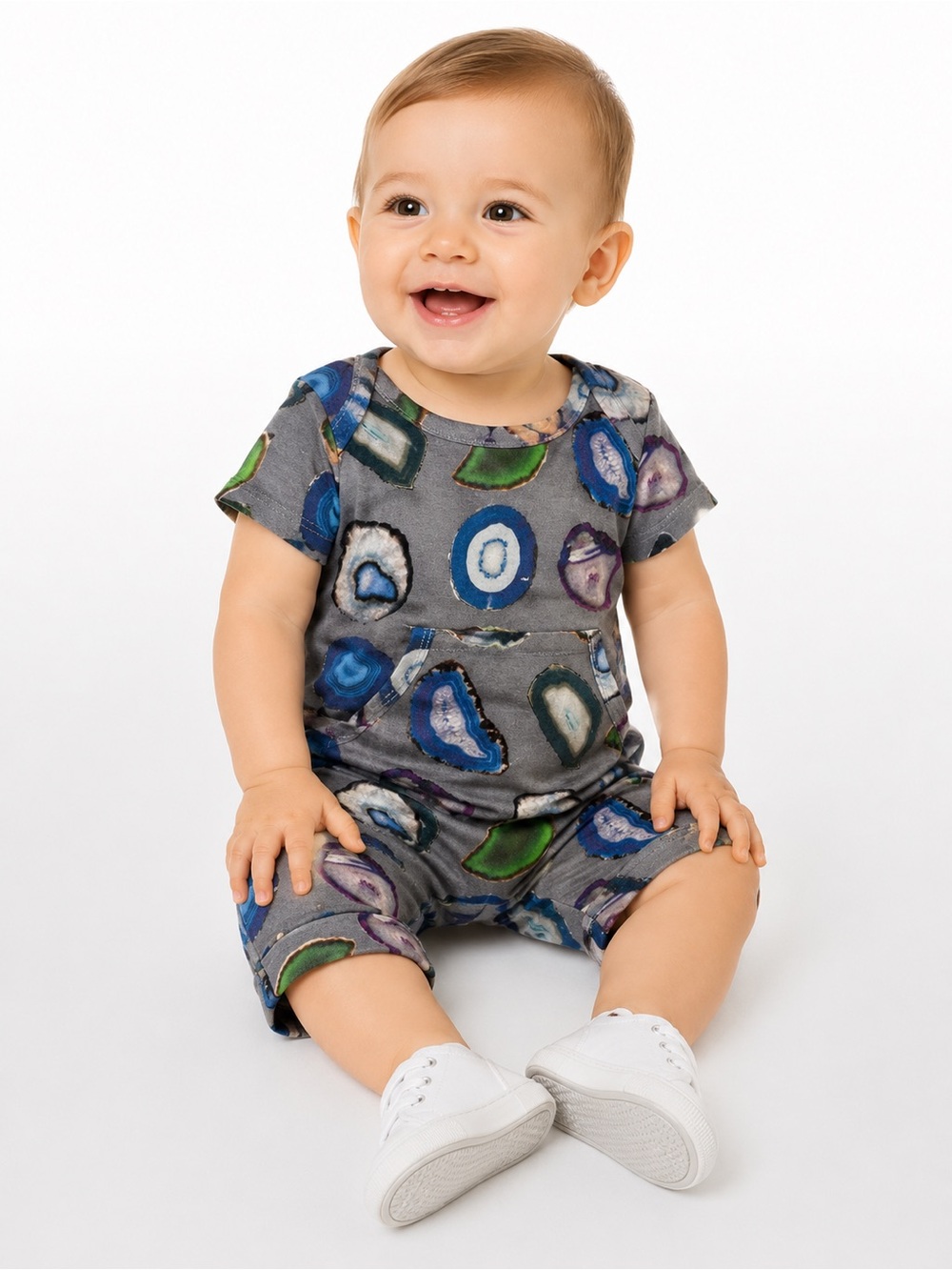 Ready Set Romper 6-12M Gray Geode Print Pocket Romper One Piece